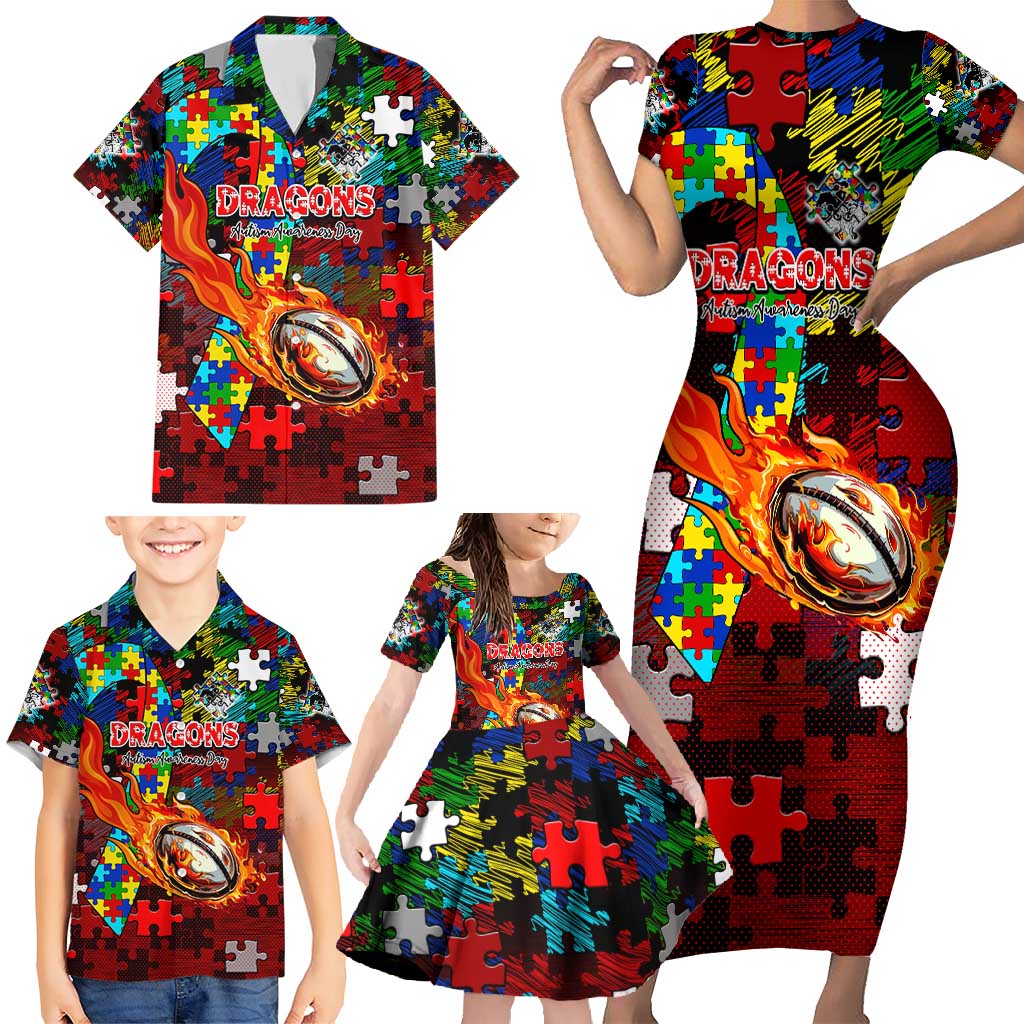 Dragons Autism Awareness Family Matching Short Sleeve Bodycon Dress and Hawaiian Shirt Puzzle Flames Rugby Ball