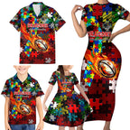 Dragons Autism Awareness Family Matching Short Sleeve Bodycon Dress and Hawaiian Shirt Puzzle Flames Rugby Ball