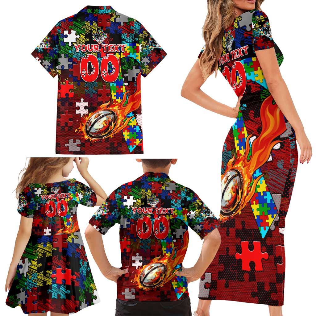 Dragons Autism Awareness Family Matching Short Sleeve Bodycon Dress and Hawaiian Shirt Puzzle Flames Rugby Ball