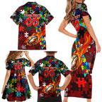 Dragons Autism Awareness Family Matching Short Sleeve Bodycon Dress and Hawaiian Shirt Puzzle Flames Rugby Ball