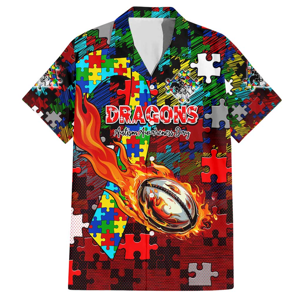 Dragons Autism Awareness Family Matching Short Sleeve Bodycon Dress and Hawaiian Shirt Puzzle Flames Rugby Ball