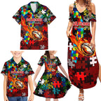 Dragons Autism Awareness Family Matching Summer Maxi Dress and Hawaiian Shirt Puzzle Flames Rugby Ball