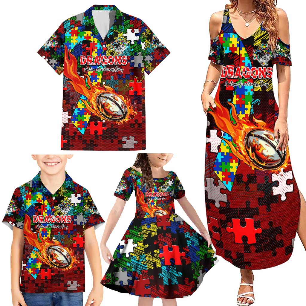 Dragons Autism Awareness Family Matching Summer Maxi Dress and Hawaiian Shirt Puzzle Flames Rugby Ball