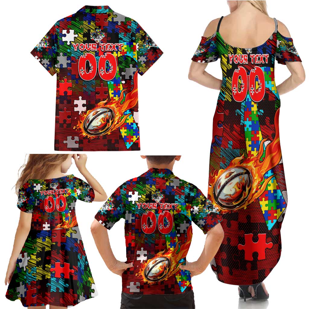 Dragons Autism Awareness Family Matching Summer Maxi Dress and Hawaiian Shirt Puzzle Flames Rugby Ball