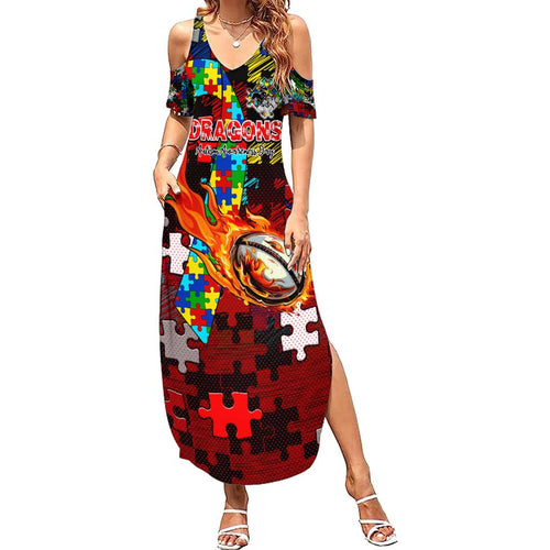 Dragons Autism Awareness Family Matching Summer Maxi Dress and Hawaiian Shirt Puzzle Flames Rugby Ball