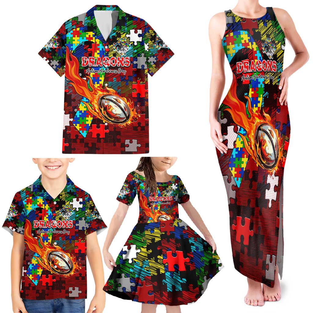 Dragons Autism Awareness Family Matching Tank Maxi Dress and Hawaiian Shirt Puzzle Flames Rugby Ball