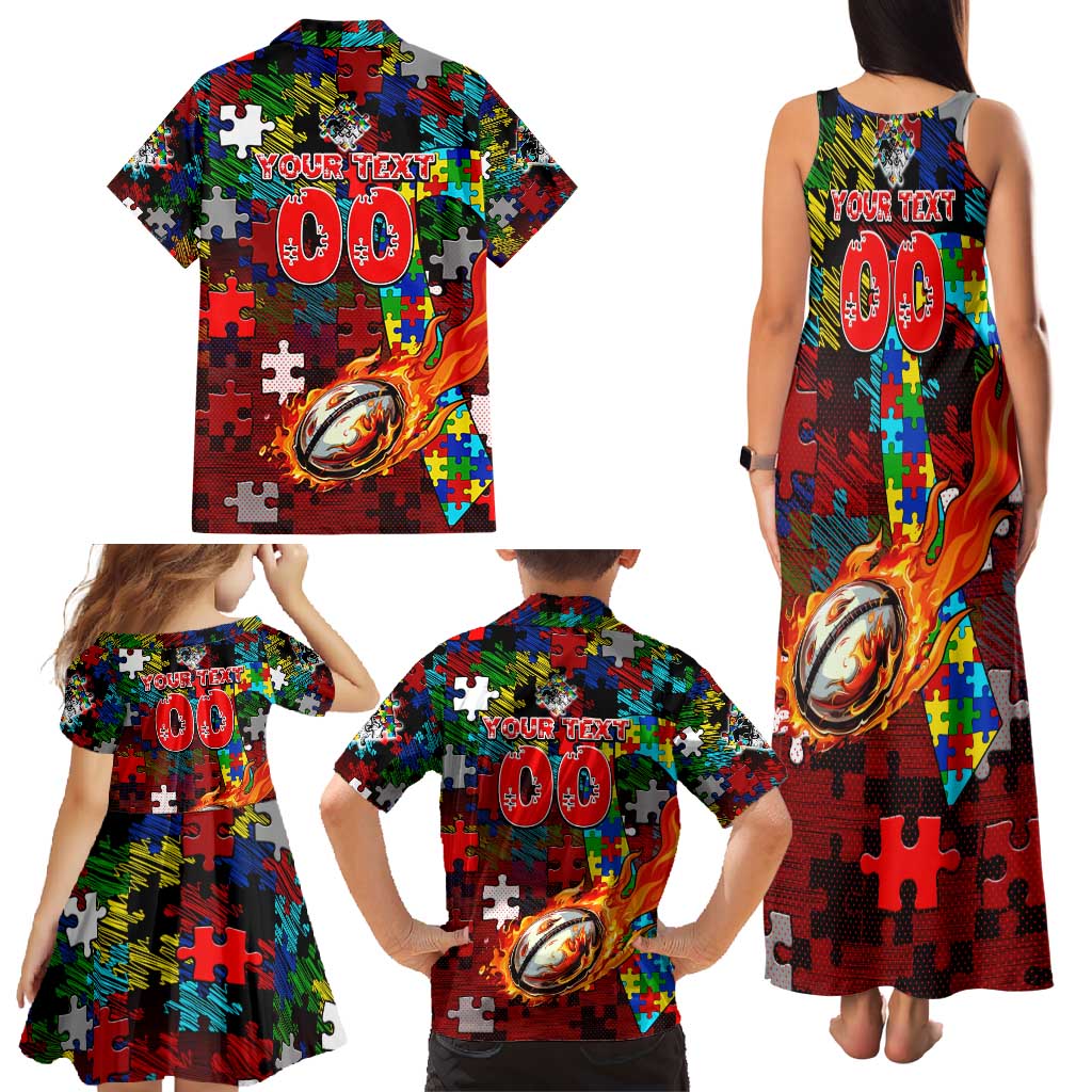 Dragons Autism Awareness Family Matching Tank Maxi Dress and Hawaiian Shirt Puzzle Flames Rugby Ball