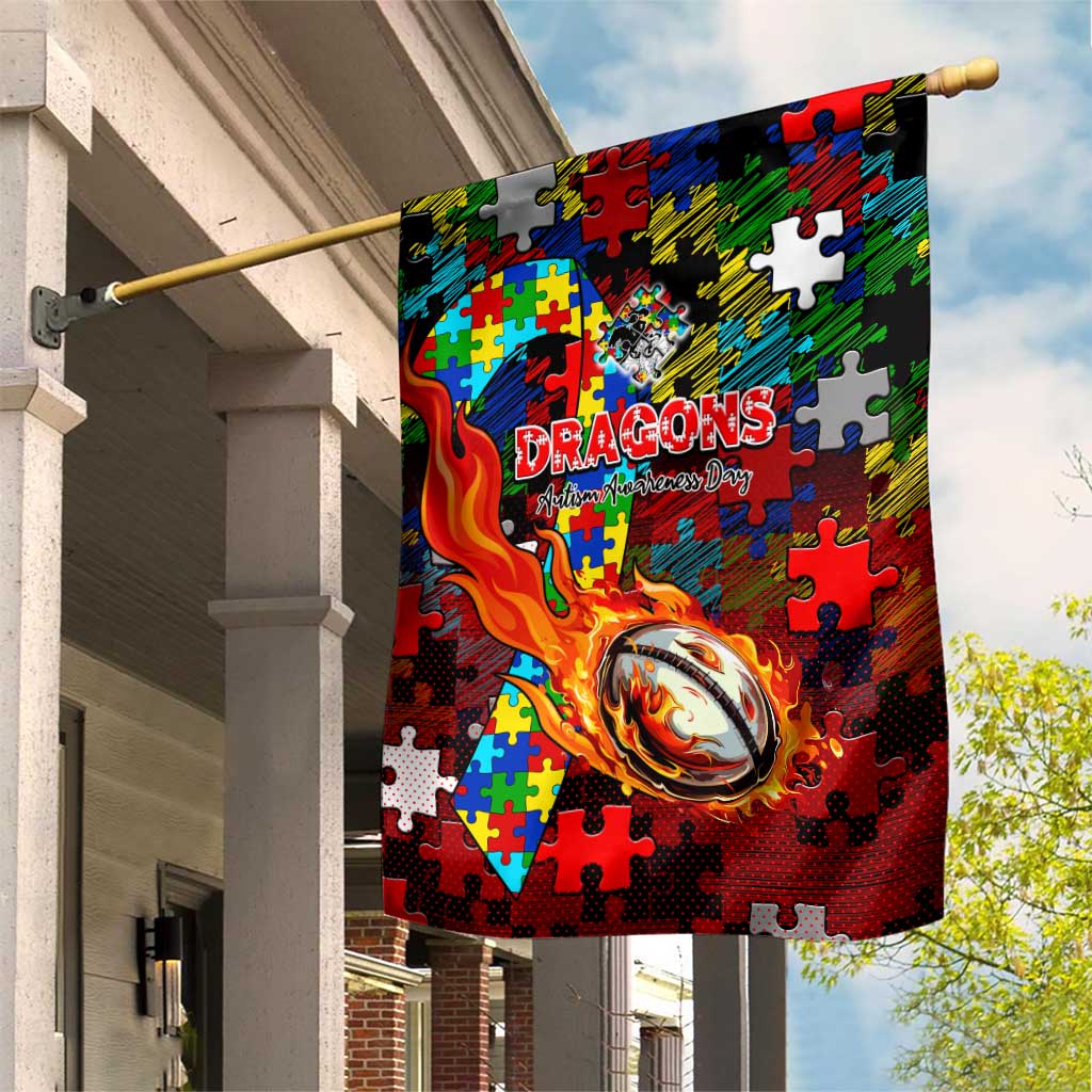Dragons Autism Awareness Garden Flag Puzzle Flames Rugby Ball