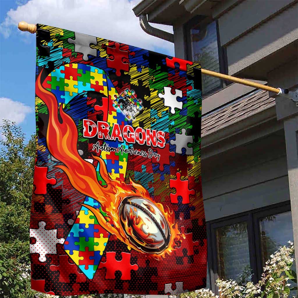 Dragons Autism Awareness Garden Flag Puzzle Flames Rugby Ball