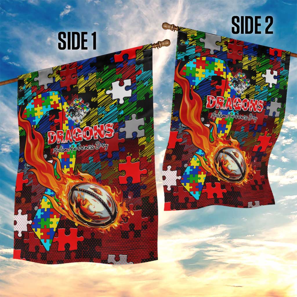 Dragons Autism Awareness Garden Flag Puzzle Flames Rugby Ball