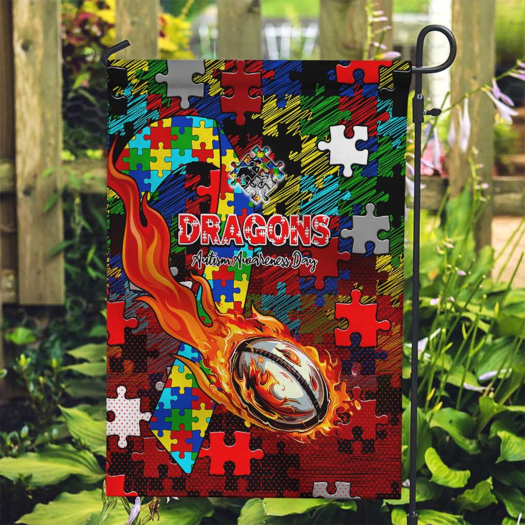 Dragons Autism Awareness Garden Flag Puzzle Flames Rugby Ball