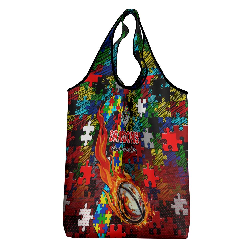 Dragons Autism Awareness Grocery Bag Puzzle Flames Rugby Ball