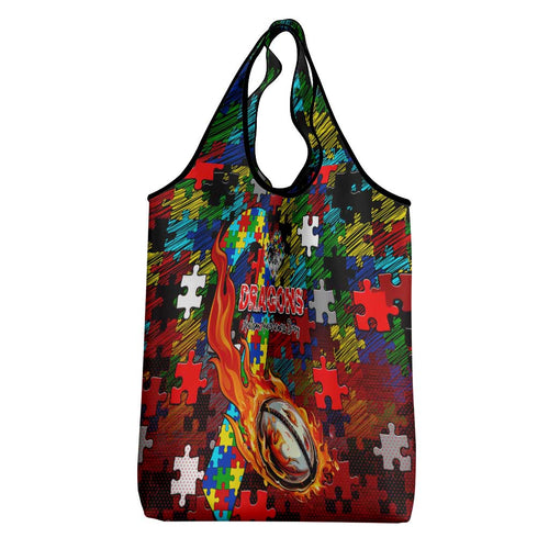 Dragons Autism Awareness Grocery Bag Puzzle Flames Rugby Ball