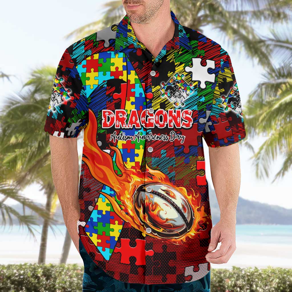 Dragons Autism Awareness Hawaiian Shirt Puzzle Flames Rugby Ball