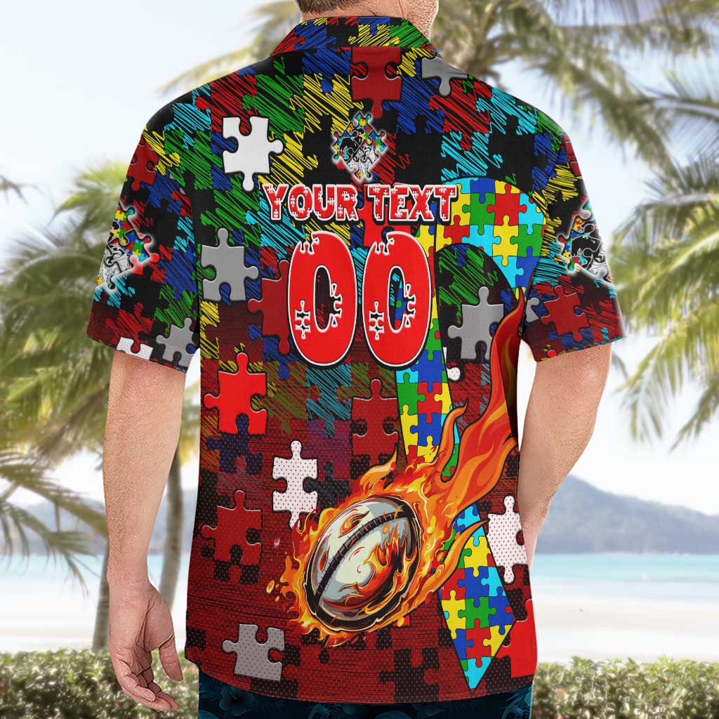 Dragons Autism Awareness Hawaiian Shirt Puzzle Flames Rugby Ball