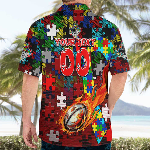 Dragons Autism Awareness Hawaiian Shirt Puzzle Flames Rugby Ball
