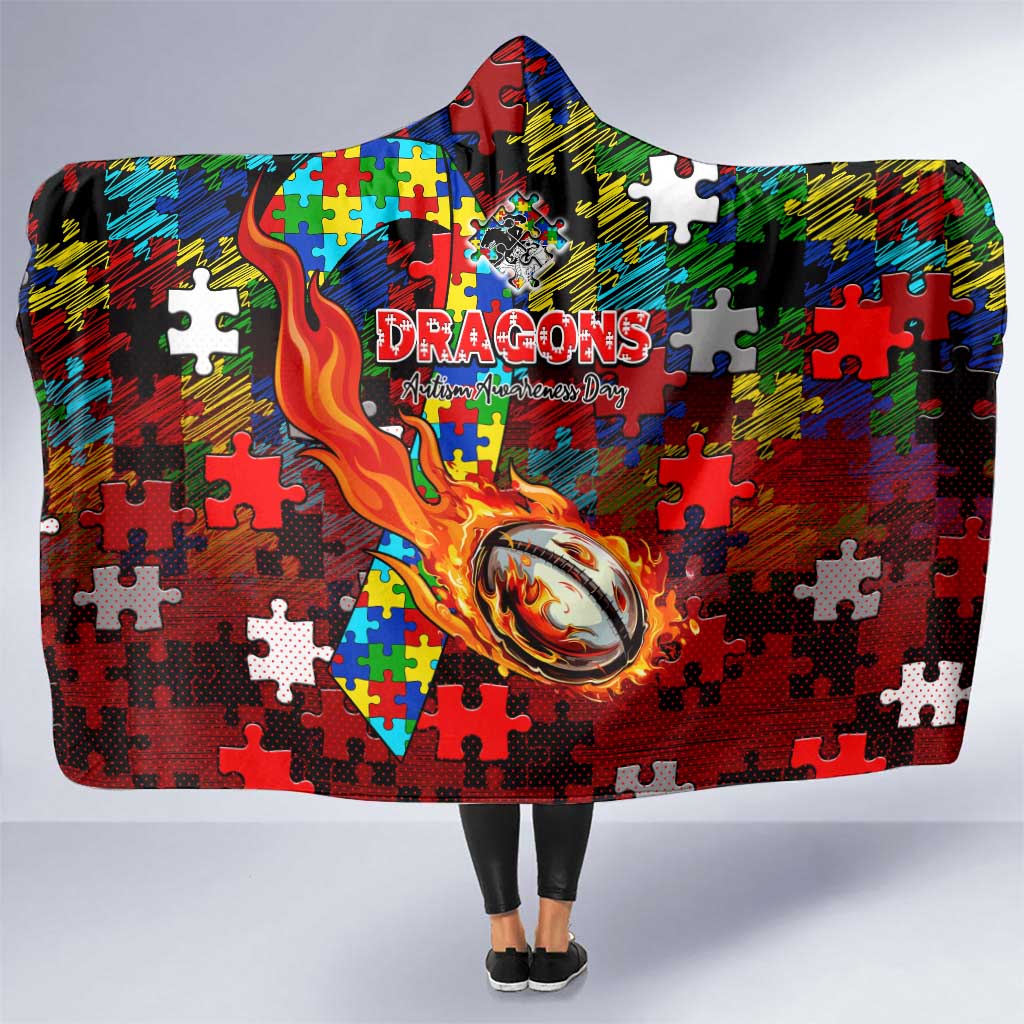 Dragons Autism Awareness Hooded Blanket Puzzle Flames Rugby Ball
