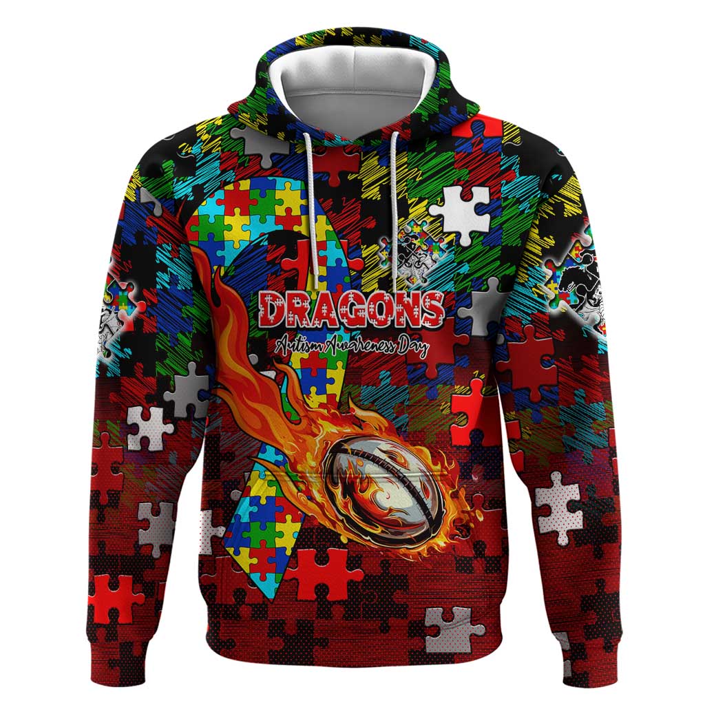 Dragons Autism Awareness Hoodie Puzzle Flames Rugby Ball