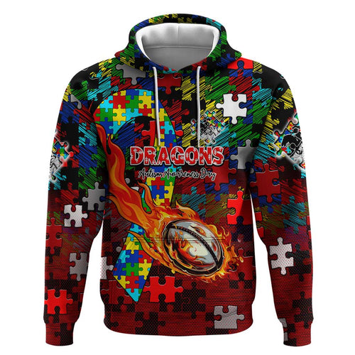 Dragons Autism Awareness Hoodie Puzzle Flames Rugby Ball