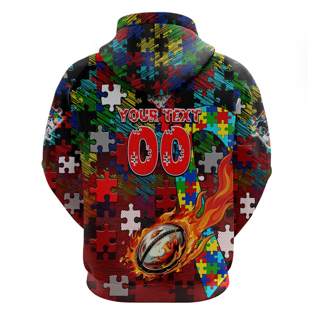 Dragons Autism Awareness Hoodie Puzzle Flames Rugby Ball