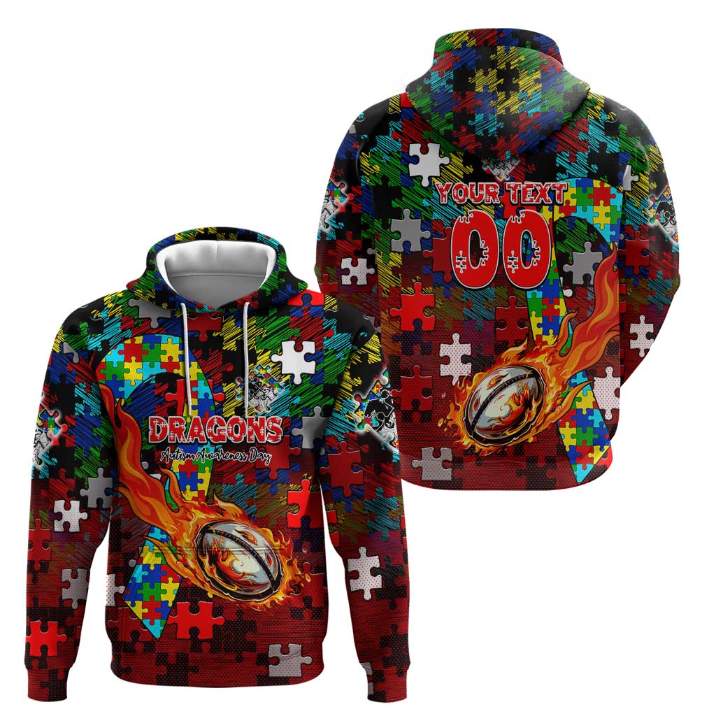 Dragons Autism Awareness Hoodie Puzzle Flames Rugby Ball
