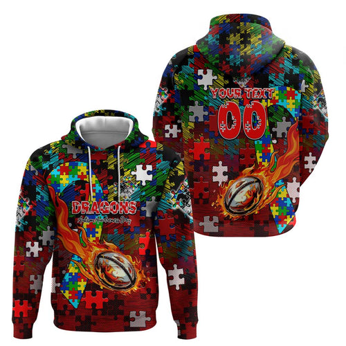 Dragons Autism Awareness Hoodie Puzzle Flames Rugby Ball