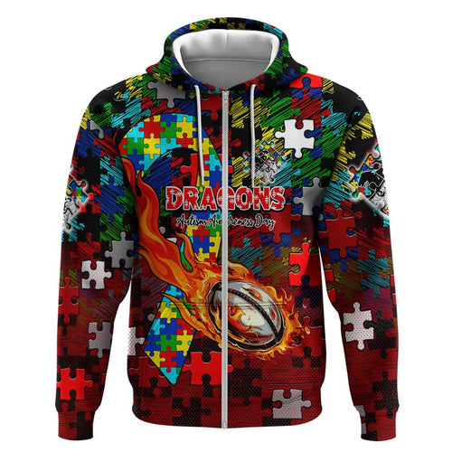Dragons Autism Awareness Hoodie Puzzle Flames Rugby Ball