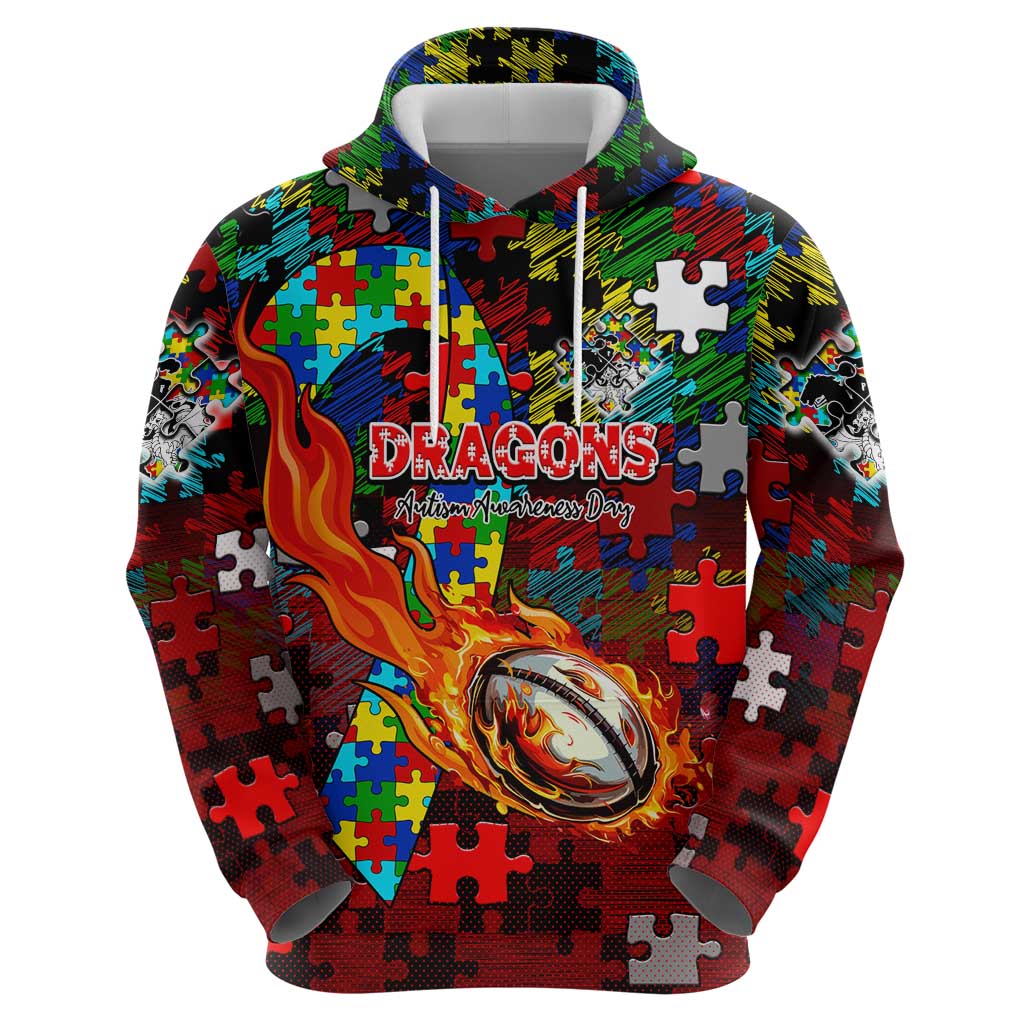 Dragons Autism Awareness Hoodie Puzzle Flames Rugby Ball