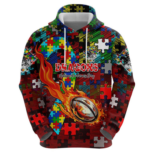Dragons Autism Awareness Hoodie Puzzle Flames Rugby Ball