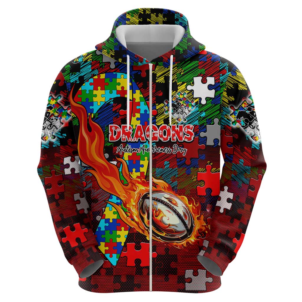 Dragons Autism Awareness Hoodie Puzzle Flames Rugby Ball