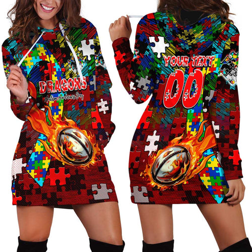 Dragons Autism Awareness Hoodie Dress Puzzle Flames Rugby Ball