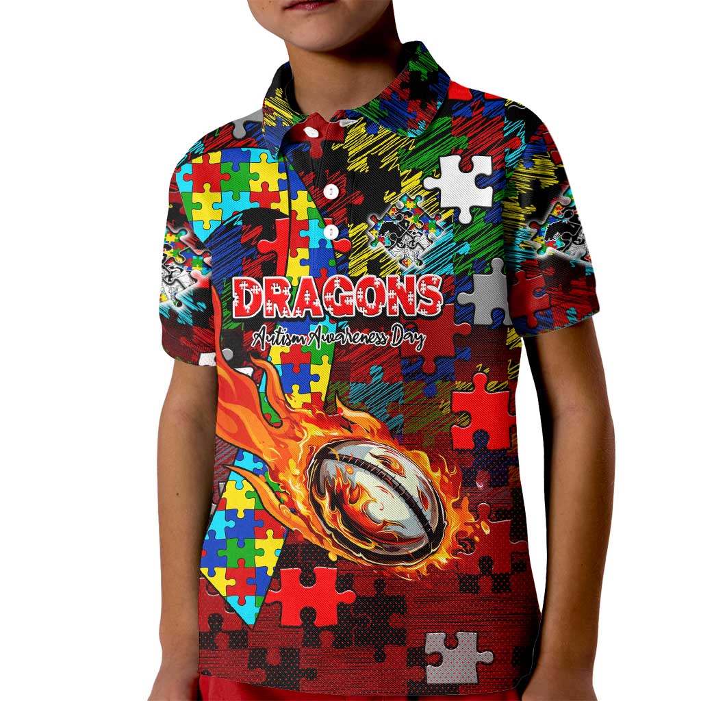Dragons Autism Awareness Kid Polo Shirt Puzzle Flames Rugby Ball
