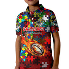 Dragons Autism Awareness Kid Polo Shirt Puzzle Flames Rugby Ball