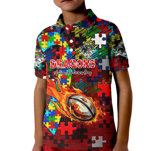 Dragons Autism Awareness Kid Polo Shirt Puzzle Flames Rugby Ball