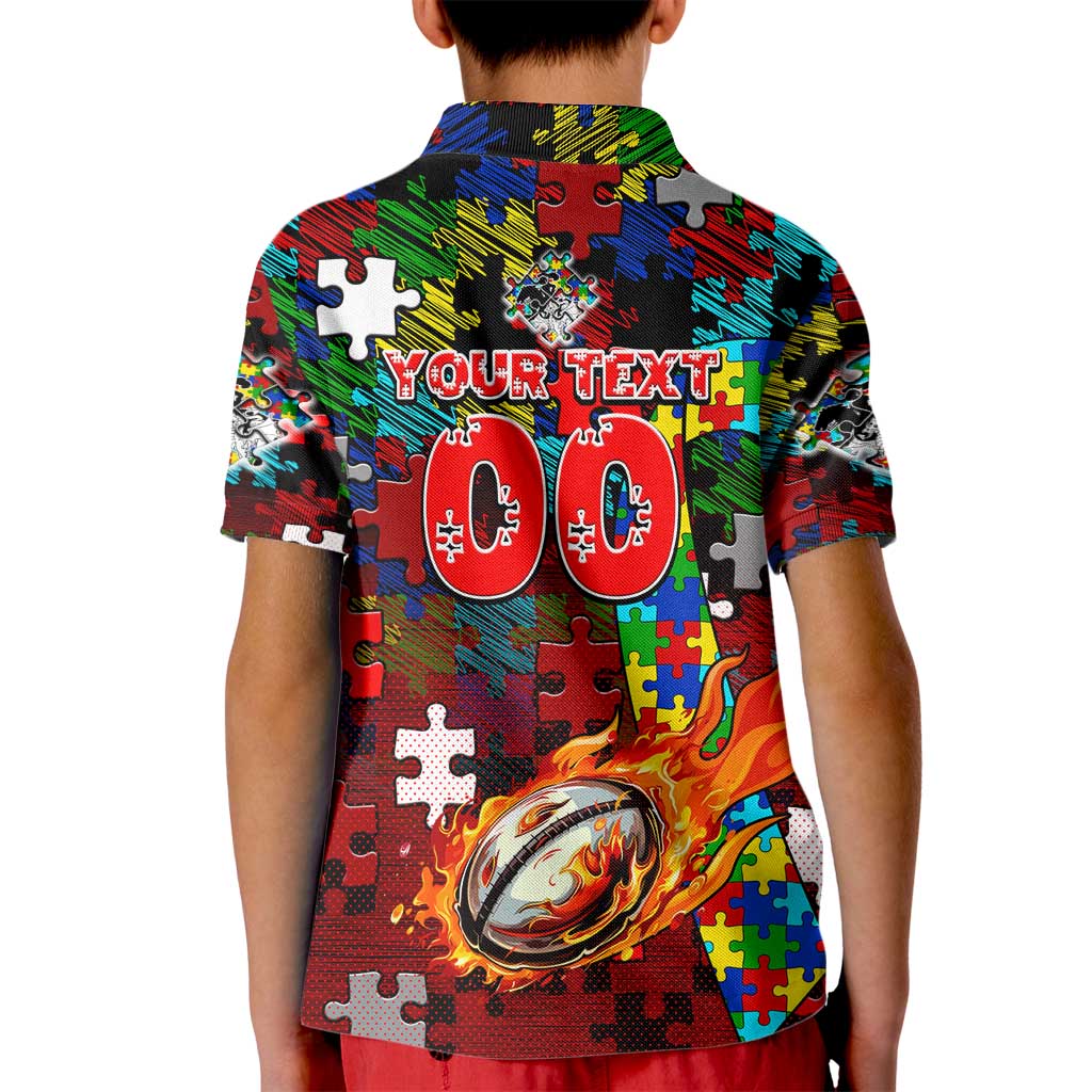 Dragons Autism Awareness Kid Polo Shirt Puzzle Flames Rugby Ball