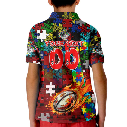 Dragons Autism Awareness Kid Polo Shirt Puzzle Flames Rugby Ball