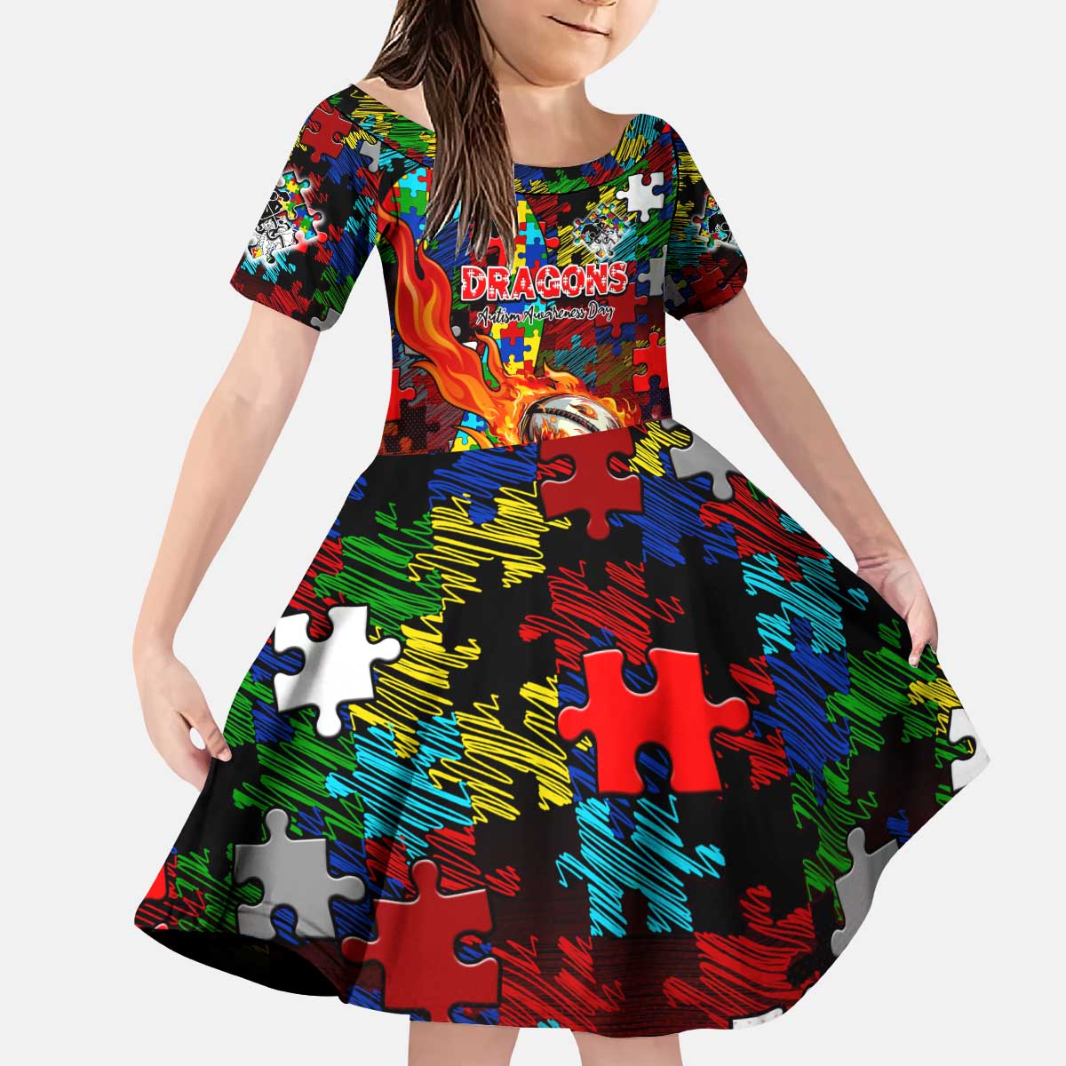 Dragons Autism Awareness Kid Short Sleeve Dress Puzzle Flames Rugby Ball