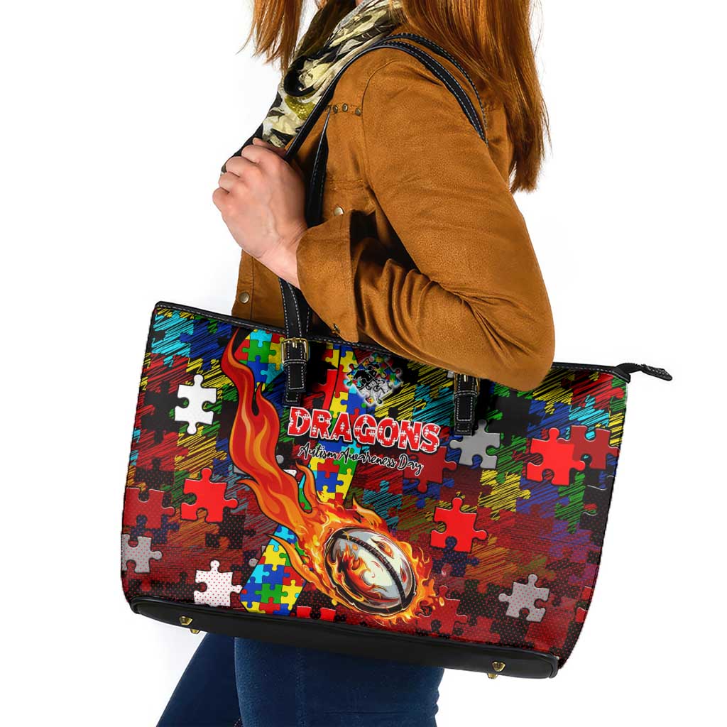 Dragons Autism Awareness Leather Tote Bag Puzzle Flames Rugby Ball