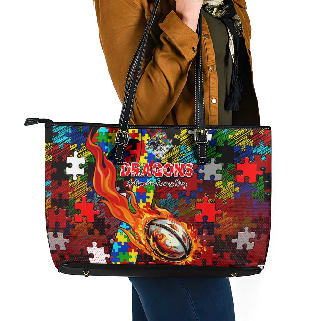 Dragons Autism Awareness Leather Tote Bag Puzzle Flames Rugby Ball