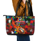 Dragons Autism Awareness Leather Tote Bag Puzzle Flames Rugby Ball