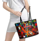Dragons Autism Awareness Leather Tote Bag Puzzle Flames Rugby Ball