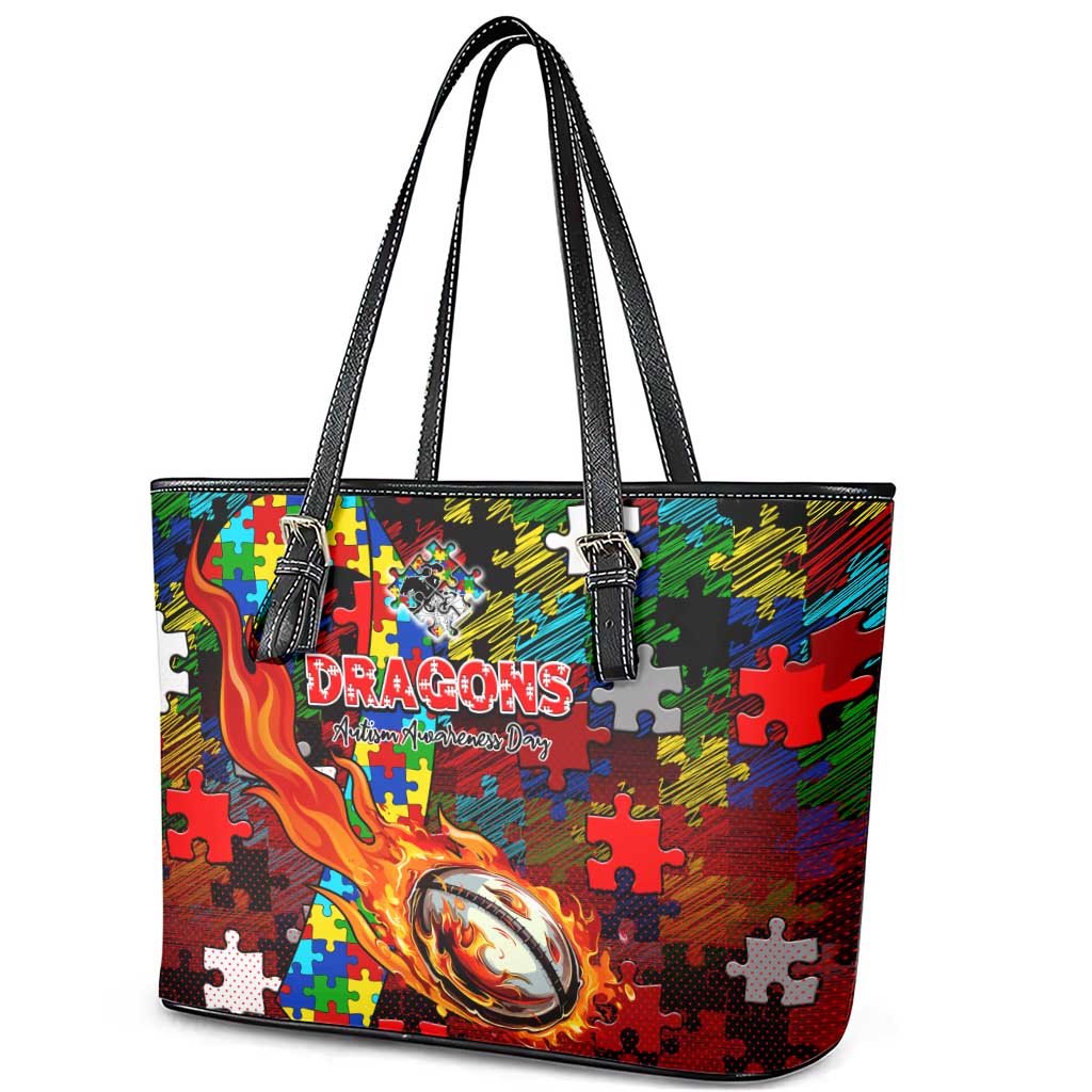 Dragons Autism Awareness Leather Tote Bag Puzzle Flames Rugby Ball