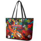 Dragons Autism Awareness Leather Tote Bag Puzzle Flames Rugby Ball