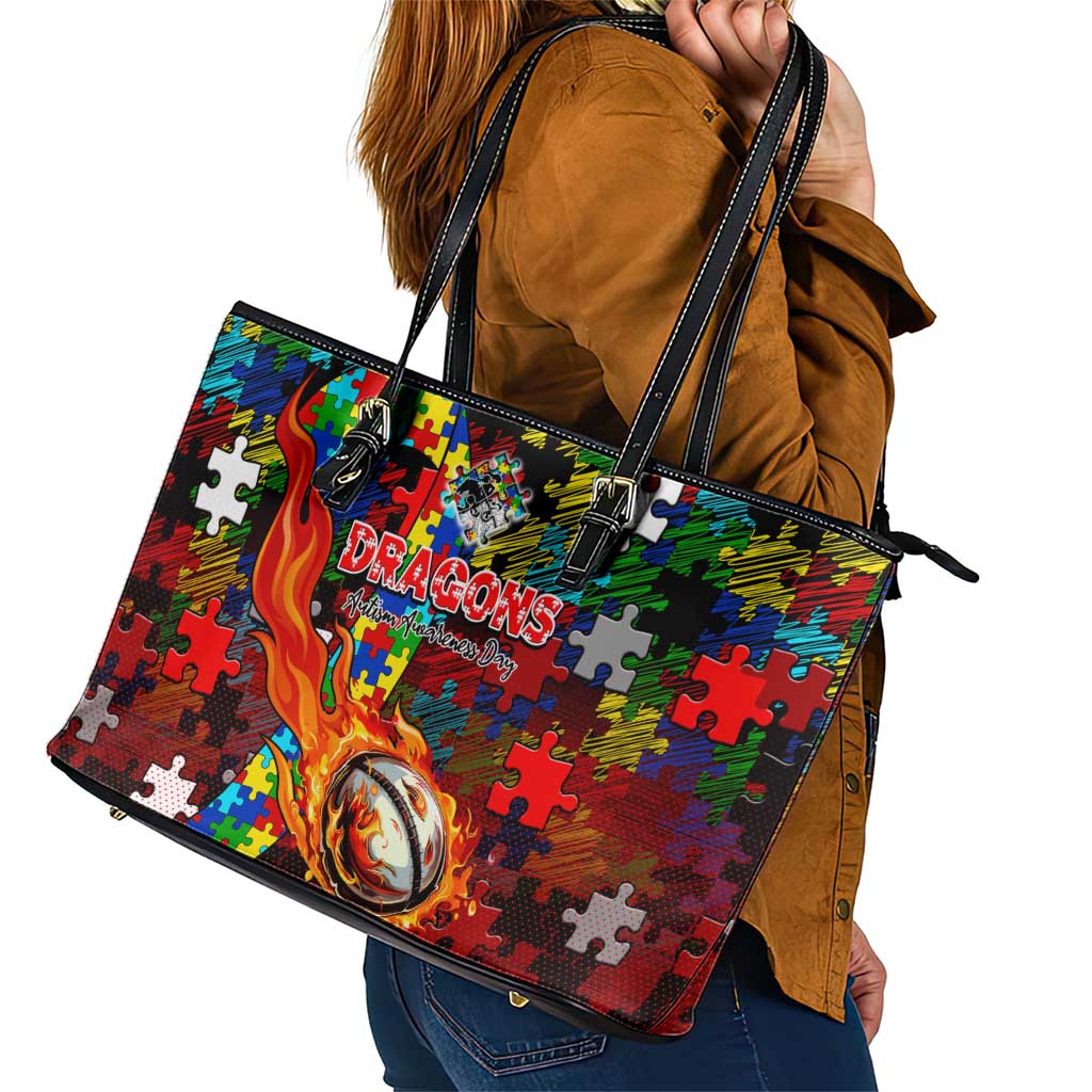 Dragons Autism Awareness Leather Tote Bag Puzzle Flames Rugby Ball