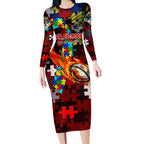 Dragons Autism Awareness Long Sleeve Bodycon Dress Puzzle Flames Rugby Ball