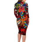 Dragons Autism Awareness Long Sleeve Bodycon Dress Puzzle Flames Rugby Ball