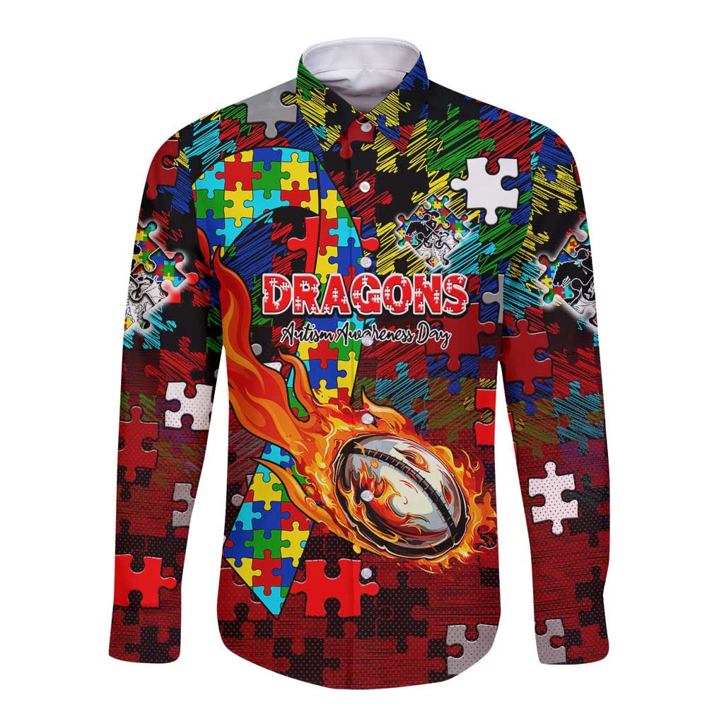 Dragons Autism Awareness Long Sleeve Button Shirt Puzzle Flames Rugby Ball