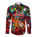 Dragons Autism Awareness Long Sleeve Button Shirt Puzzle Flames Rugby Ball