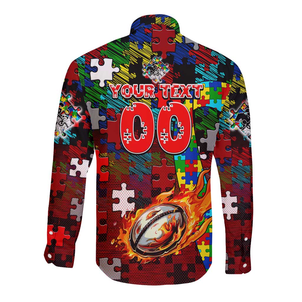 Dragons Autism Awareness Long Sleeve Button Shirt Puzzle Flames Rugby Ball