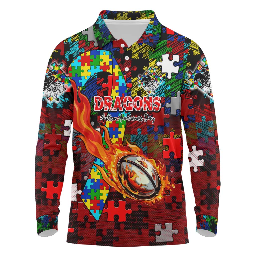 Dragons Autism Awareness Long Sleeve Polo Shirt Puzzle Flames Rugby Ball